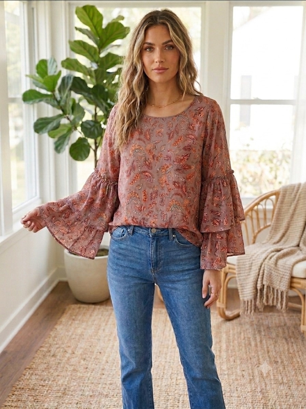 Daytrip Rose-Tone Printed Bell Sleeve Blouse